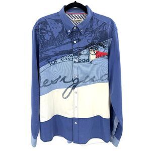DESIGUAL No Es Lo Mismo Blue Long Sleeve Button Down Shirt Size XL